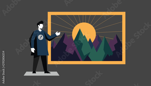 Art gallery presenter showcasing beautiful mountain landscape painting with large golden sun on dark grey background.