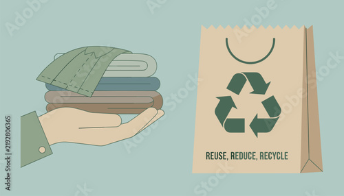 Hand holding neatly folded clothes next to eco friendly paper bag promoting reuse reduce and recycle actions.