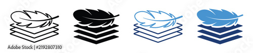 Feather on stacked fabric layers icon set, lightweight soft material symbol for bedding, textile, clothing, cosmetic pads, breathability and comfort. Vector illustration 