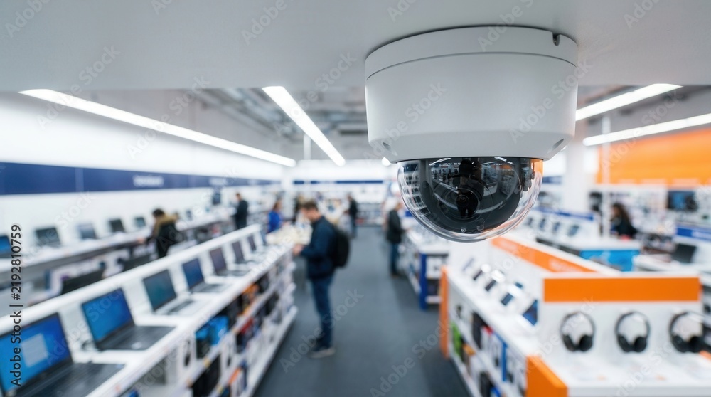 Obraz premium Surveillance monitoring system featuring a dome security camera overlooking an electronics department.