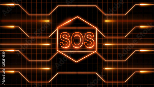 Obraz na płótnie Neon orange SOS sign glowing within a hexagonal frame on a digital grid backgrou