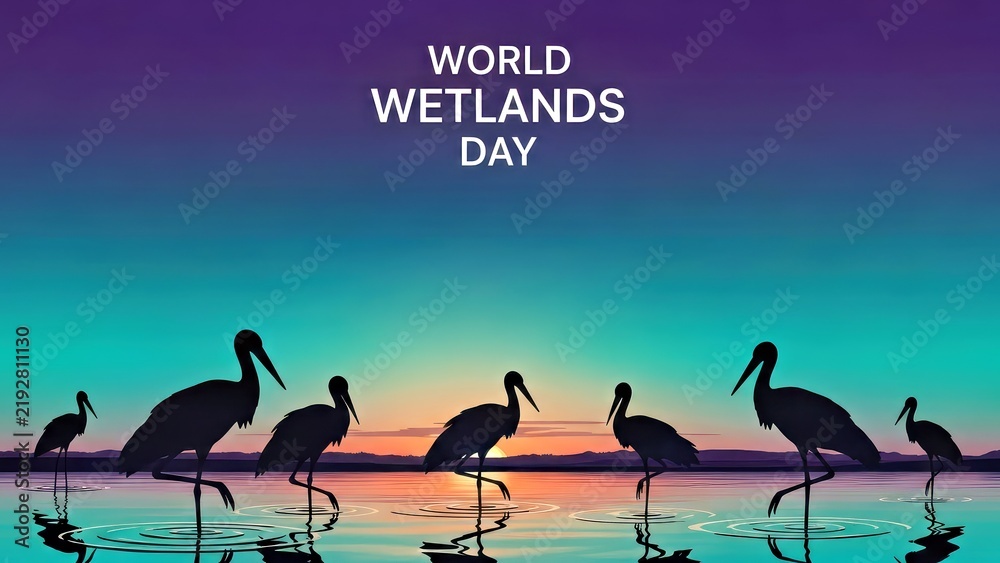 Fototapeta premium Silhouetted Cranes at Sunset Over Reflective Wetlands