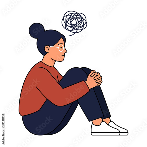 Foto Worried young woman sitting curled up with anxiety thought bubble, flat vector modern illustration