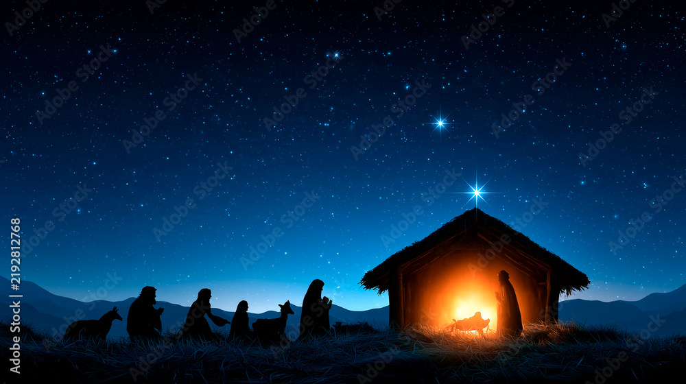 Fototapeta premium Nativity Scene Under Starry Night Sky with Glowing Stable