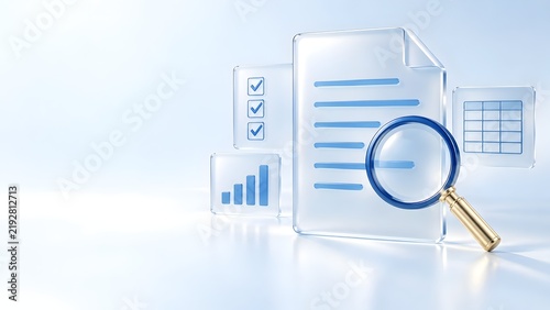 Magnifying Glass Inspecting Transparent Glass Document with Data Charts Checklist and Spreadsheet for Business Audit and Analytics