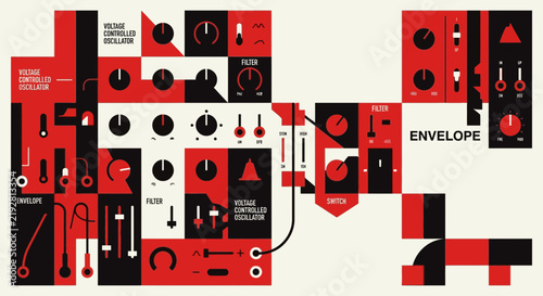 Obraz na płótnie Retro Modular Synthesizer Panel, Red Black and Cream