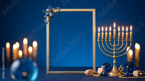 Hanukkah celebration background with golden menorah frame and glowing candles