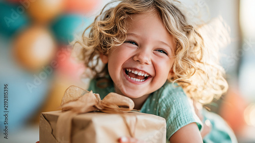 A happy girl is holding a gift against a backdrop of blurred balloons.