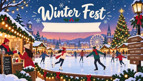 Festive winter festival illustration with an outdoor ice skating rink, decorated Christmas market, illuminated trees, and snowy town background.