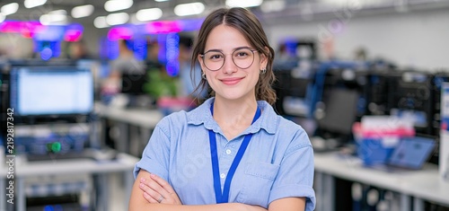 In a modern server room, a confident female technician stands amidst vivid lighting, highlighting cutting-edge IT technology.