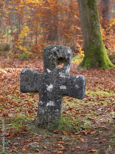 Medieval stone cross in the forest in autumn, atonement cross, murder cross, court cross, Spaal desert, Uhlstädt-Kirchhasel, Thuringia, Germany