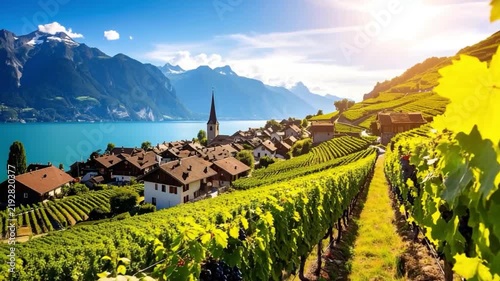 Swiss Vineyard Landscape by the Lake with Alpine Mountains