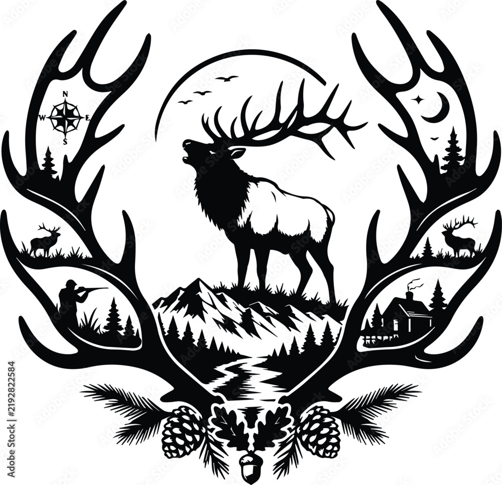 Obraz premium Elk in Mountain Wilderness Antler Frame - Bull Elk with Lake Reflection Nature 