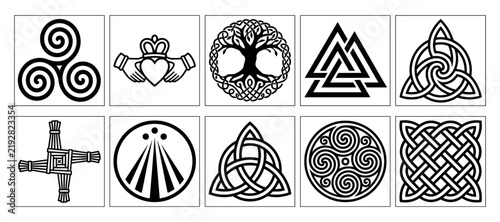 Celtic and Norse pagan sacred symbols collection in black linear vector outline icon set format for mythology emblem tattoo design and spiritual branding