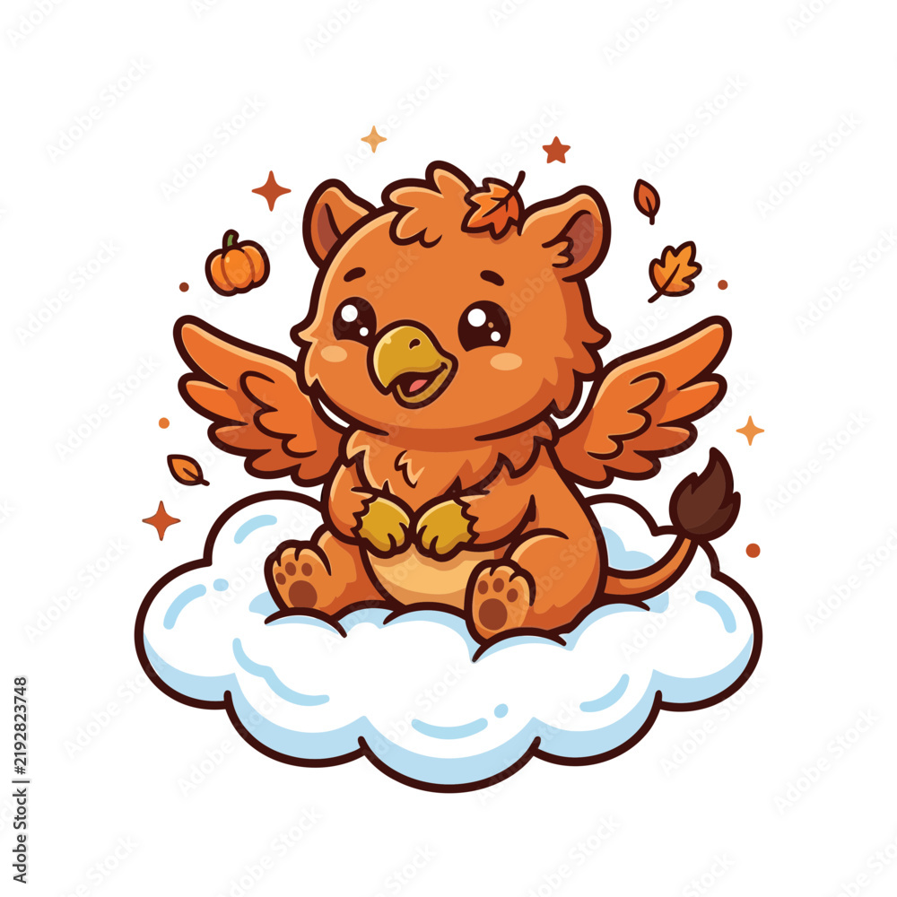 Fototapeta premium Cute cartoon griffin sitting on a cloud with autumn elements
