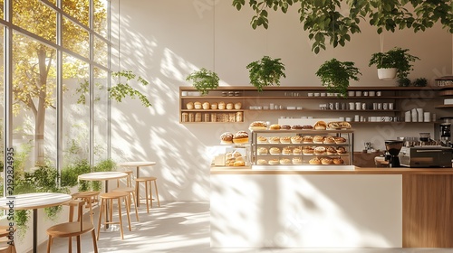 Modern Bakery Interior with Pastries, Tables, Natural Light, and Hanging Plants