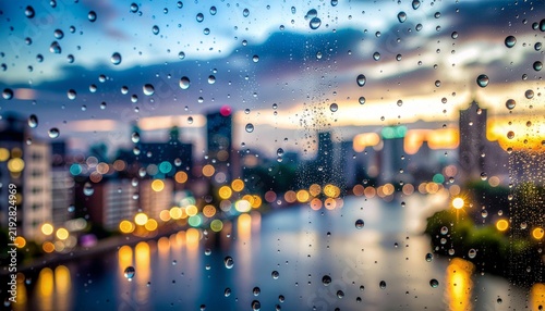 Raindrops on window glass overlooking a blurred city skyline