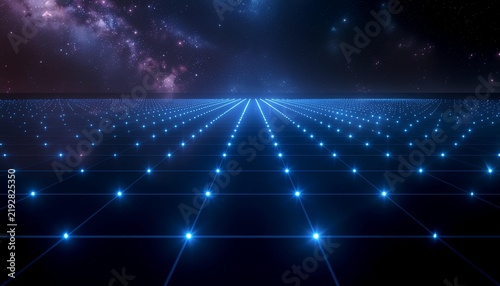 Blue digital grid floor stretching toward a starry galaxy horizon