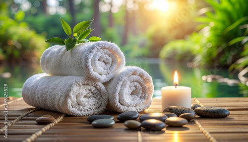 White rolled towels and candle with zen stones in a serene spa garden