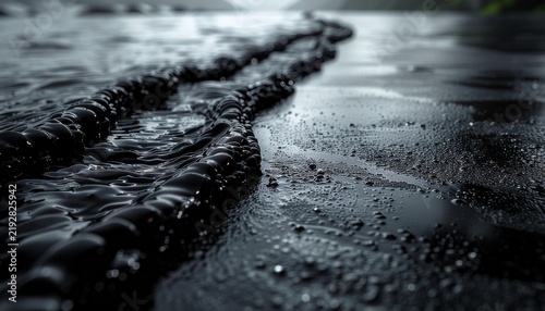 Dark viscous liquid leaking across a wet ground surface