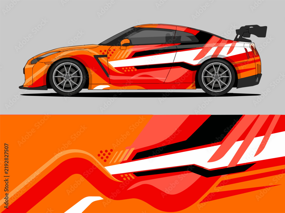 Fototapeta premium Orange and white racing car with dynamic stripe design.