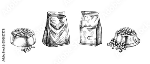 Dog food bags and bowls hand drawn set