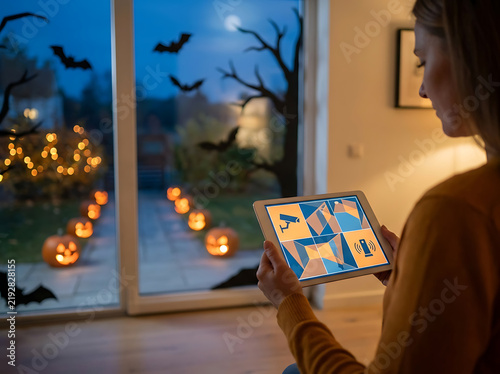 Woman monitoring smart home security system on tablet at night with Halloween jack-o-lanterns outside