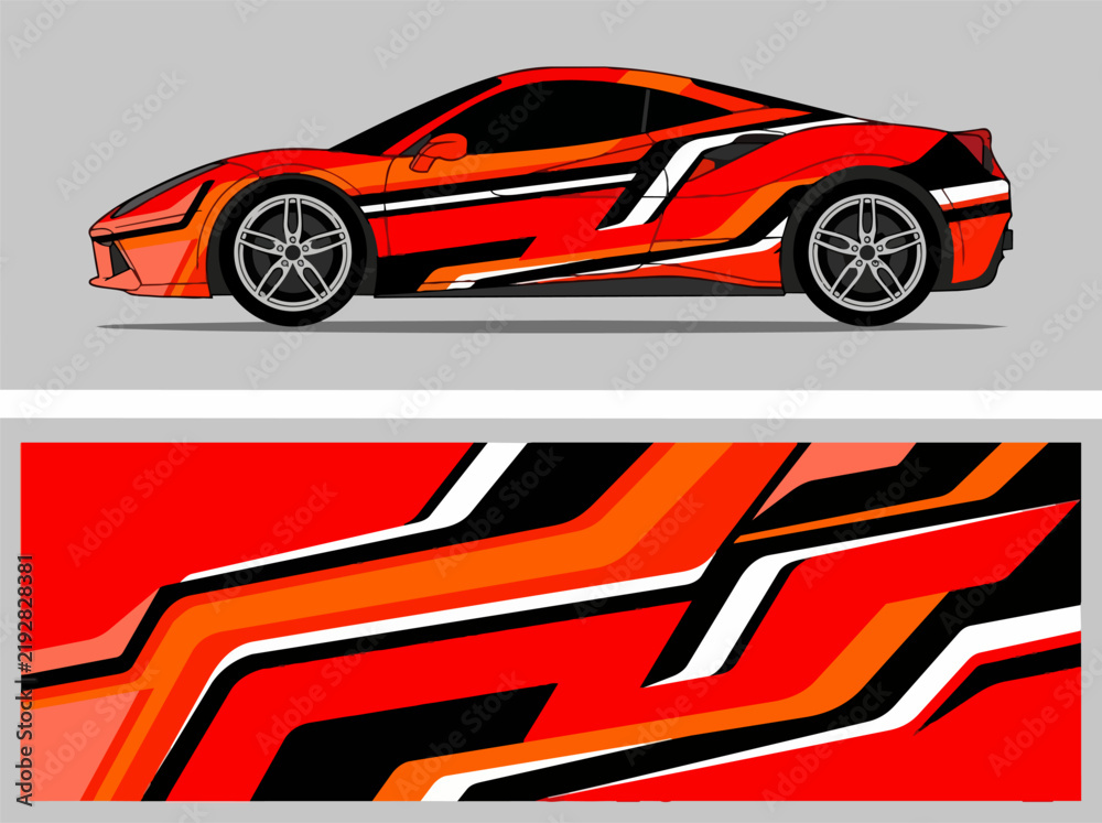 Fototapeta premium Red sports car with dynamic racing stripe design 1.
