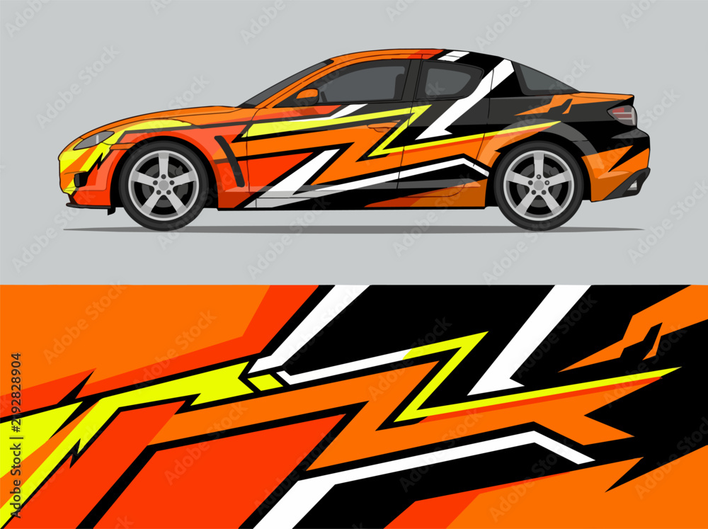 Fototapeta premium Vibrant Orange Racing Car with Dynamic Lightning Design.