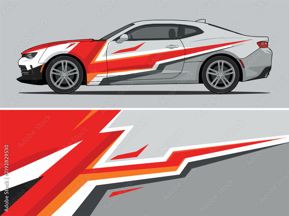 Fototapeta premium White sports car with dynamic red racing stripes design 1.