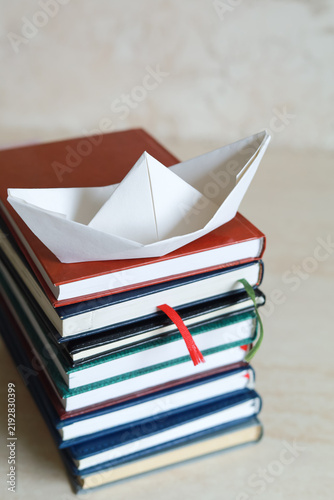 Canvastavla White paper boat rests on a colorful stack of books in a close composition
