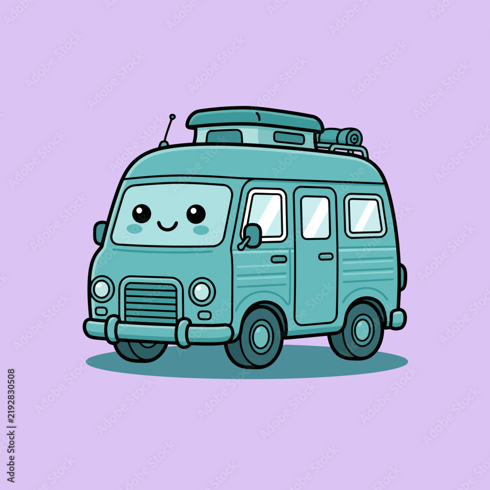 Obraz premium Cute blue camper van cartoon illustration vector graphic for travel and adventure designs