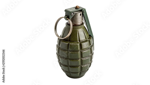 Bild auf Leinwand Classic military green defensive fragmentation hand grenade weapon isolated on transparent background