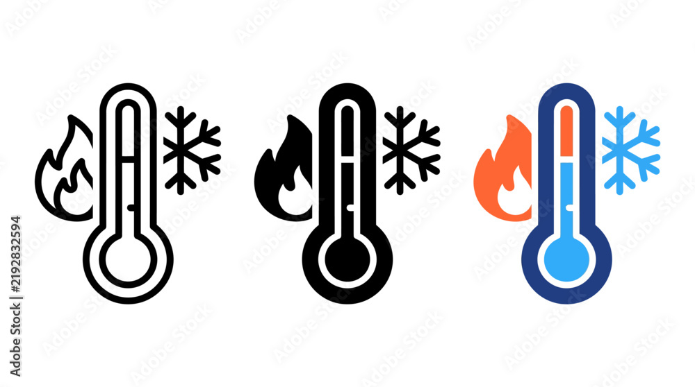 Fototapeta premium Thermometer Heat and Cold Temperature Icon Set – Outline, Solid Black and Flat Color Vector for Weather, HVAC, Healthcare and Climate Monitoring