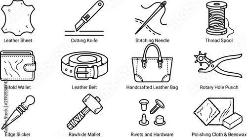 Handcrafted Leather Crafting Tools and Materials for Handmade Wallets and Belts in Workshop Environment Top-Down View Concept