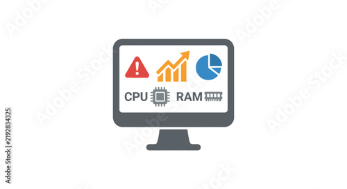 Computer monitor displaying system performance monitoring icons and analytics.
