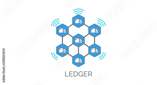 Distributed ledger technology concept with interconnected hexagonal data nodes.