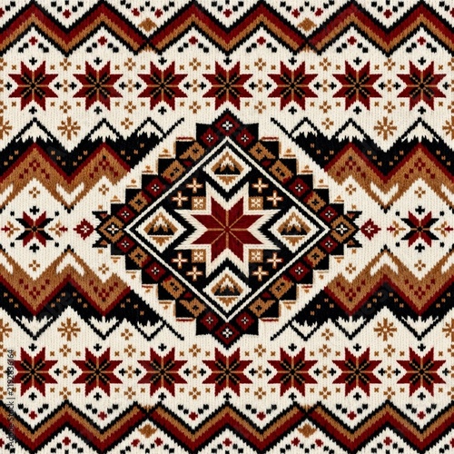 Realistic Fair Isle knitted texture featuring a geometric diamond, star, and chevron pattern in a warm burgundy, black, and tan colorway for a seamless winter background.