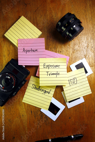 Fotografie Photo of paper notes with the words Exposure Triangle, Aperture, Shutter Speed and ISO pertaining to Photography