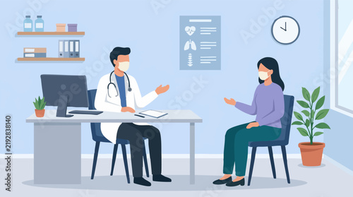 Doctor and patient consulting in clinic, both wearing protective face masks.