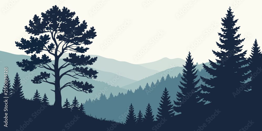 Obraz premium Blue toned mountain forest landscape silhouette with coniferous trees mountain silhouette landscape wilderness illustration background panoramic evergreen mountains woodland environment