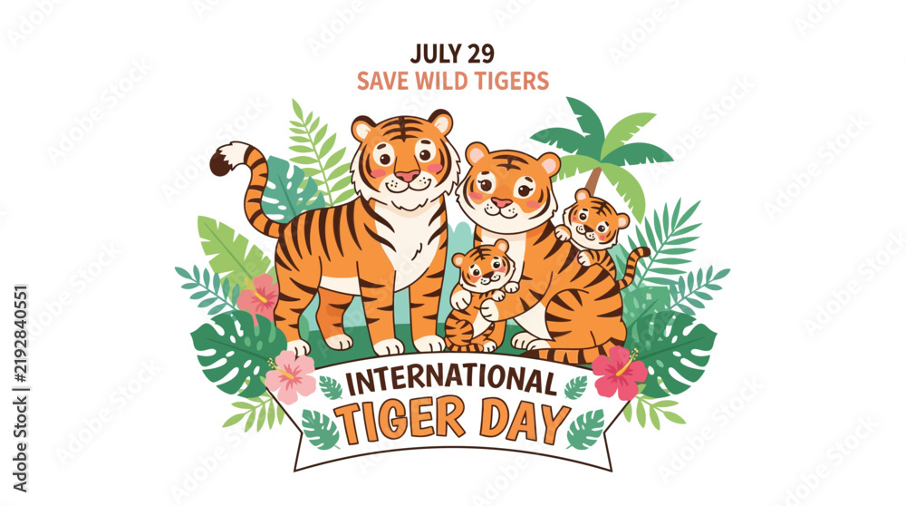 Fototapeta premium Cute Cartoon Tiger Family in Jungle Celebrating International Tiger Day