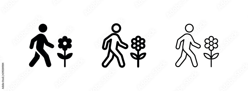 Obraz premium Person Walking with Flower Icon Set, Man Walking in Garden with Bloom Symbol, Nature Walk with Floral Element Vector Icons
