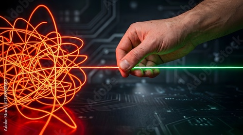 Concept of Disentangling Chaos: Human Hand Pulling a Straight Glowing Green Fiber Optic Thread from a Tangled Mess of Orange Neon Light Lines on a Dark Digital Circuit Pattern Background