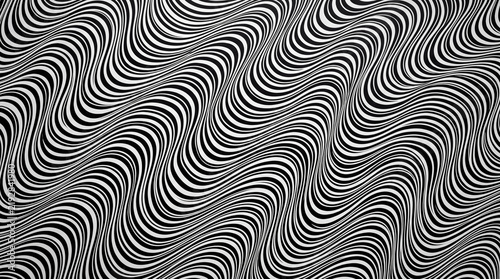 Op Art Illusion: An abstract, monochrome optical art pattern featuring a mesmerizing arrangement of black and white wavy lines creating a dynamic visual distortion.