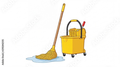 Yellow mop and plastic cleaning bucket standing together beside a puddle of water on white background