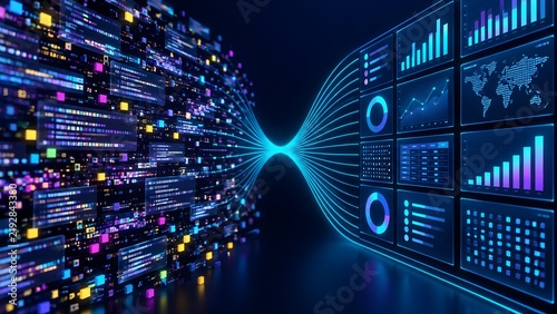 Naklejka Chaotic raw digital data blocks transforming into structured analytics dashboards through central network node illustrating big data processing system