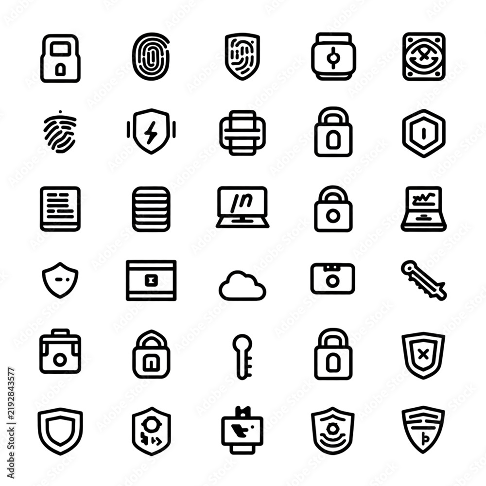 Fototapeta premium Security icons set featuring various black line symbols for data protection and cyber safety on a transparent background.