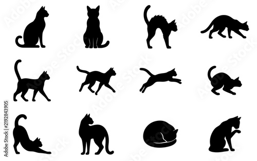 Twelve Black Cat Silhouettes in Sitting, Walking, Running, Jumping, Stretching and Sleeping Poses