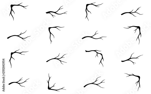 Black Bare Tree Branch Silhouettes and Decorative Corner Elements, Set of Sixteen
